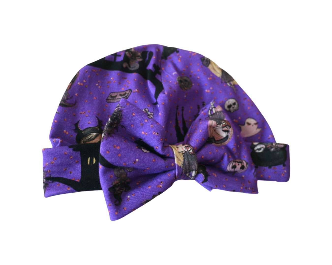 Purple Halloween Baby Turban Hat – Newborn Girl Headwrap with Bow, Spooky Bat & Witch Print, my first Halloween