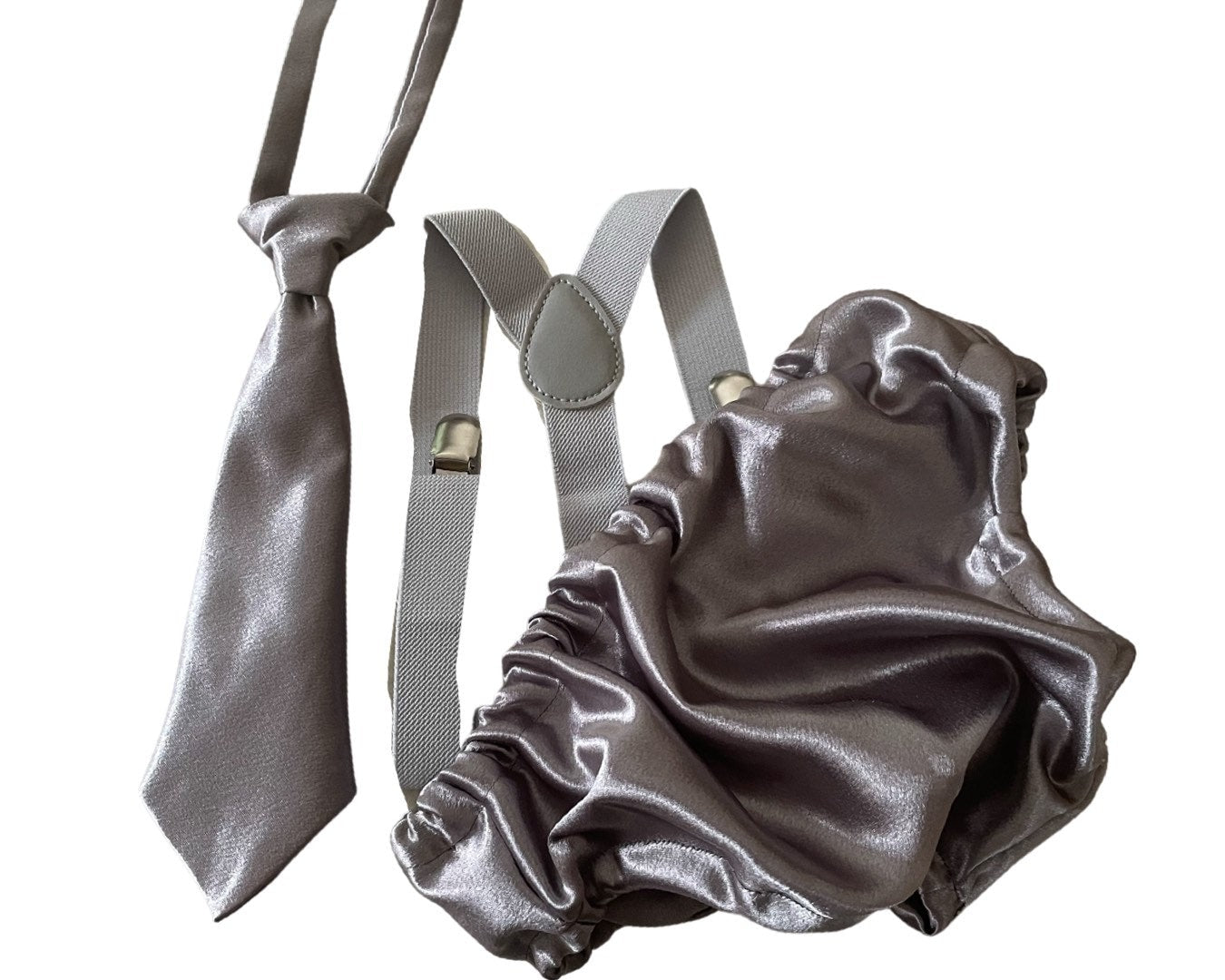 Cake Smash Outfit Gray Silver — Boys First Birthday Outfit Gray Silver — Baby Grey Bow Tie & Baby Grey Diaper Cover with Gray Suspenders