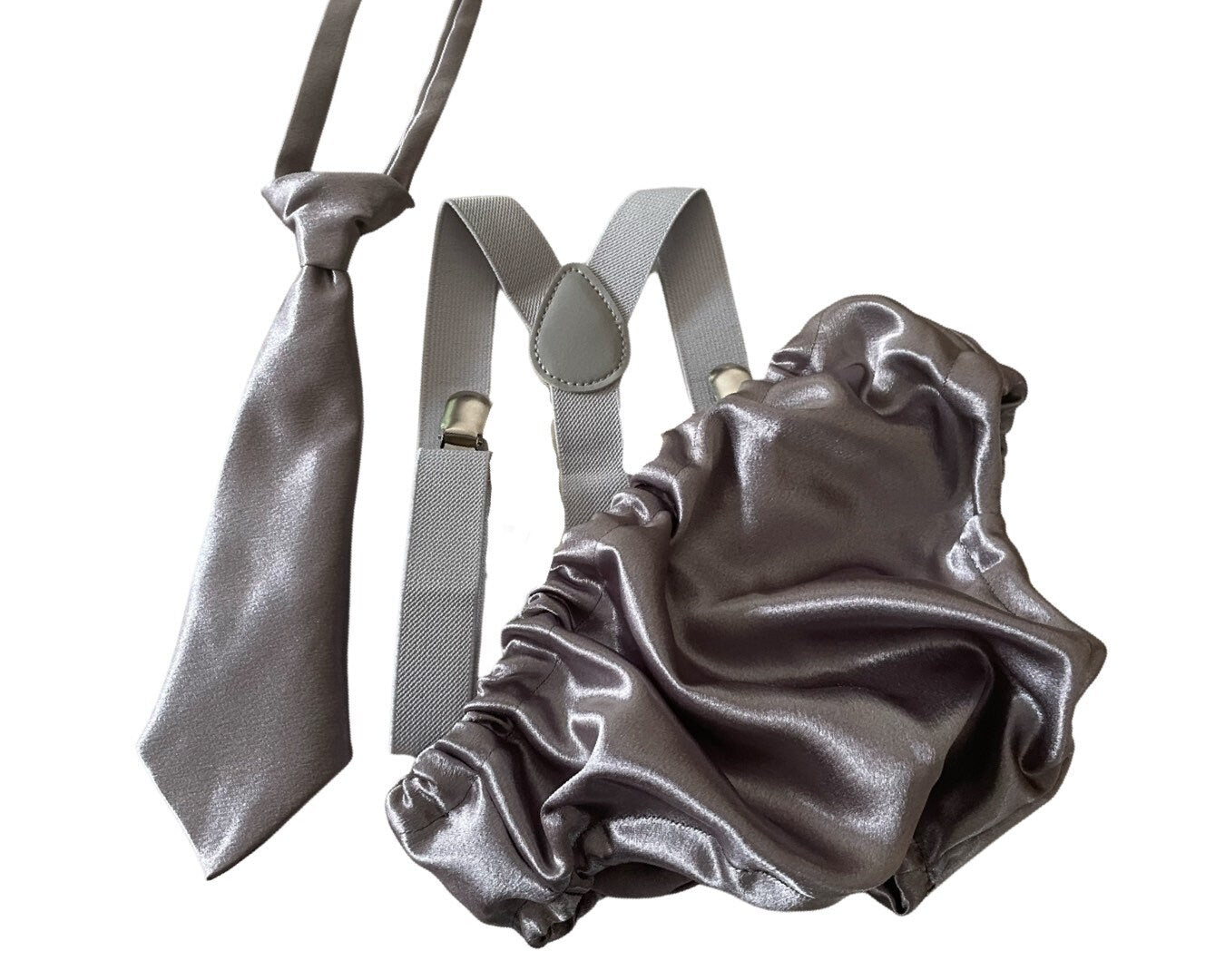 Cake Smash Outfit Gray Silver — Boys First Birthday Outfit Gray Silver — Baby Grey Bow Tie & Baby Grey Diaper Cover with Gray Suspenders