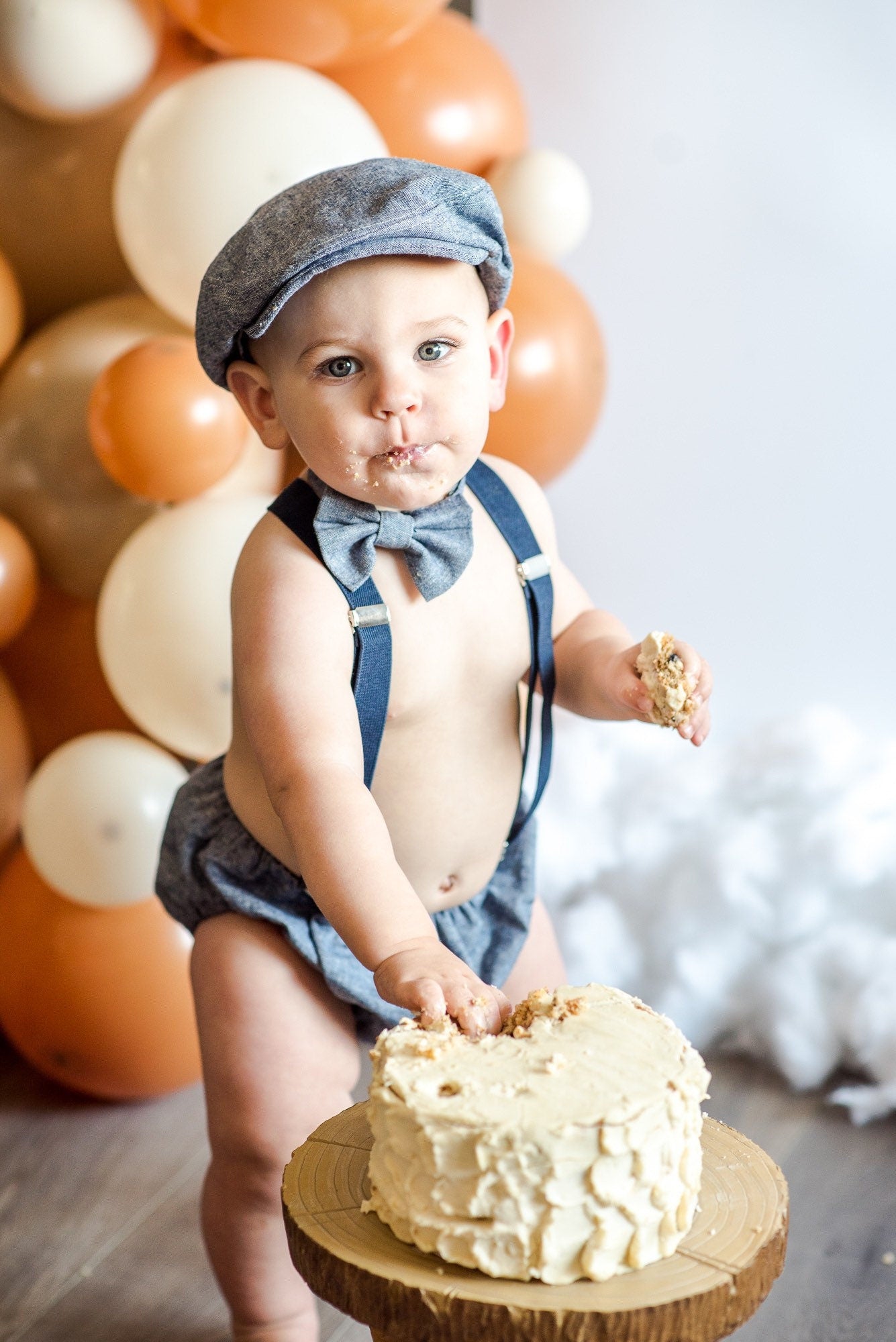 Light denim sitter set - baby boy photo prop - baby clothes - vintage style - flat cap - cake smash outfit