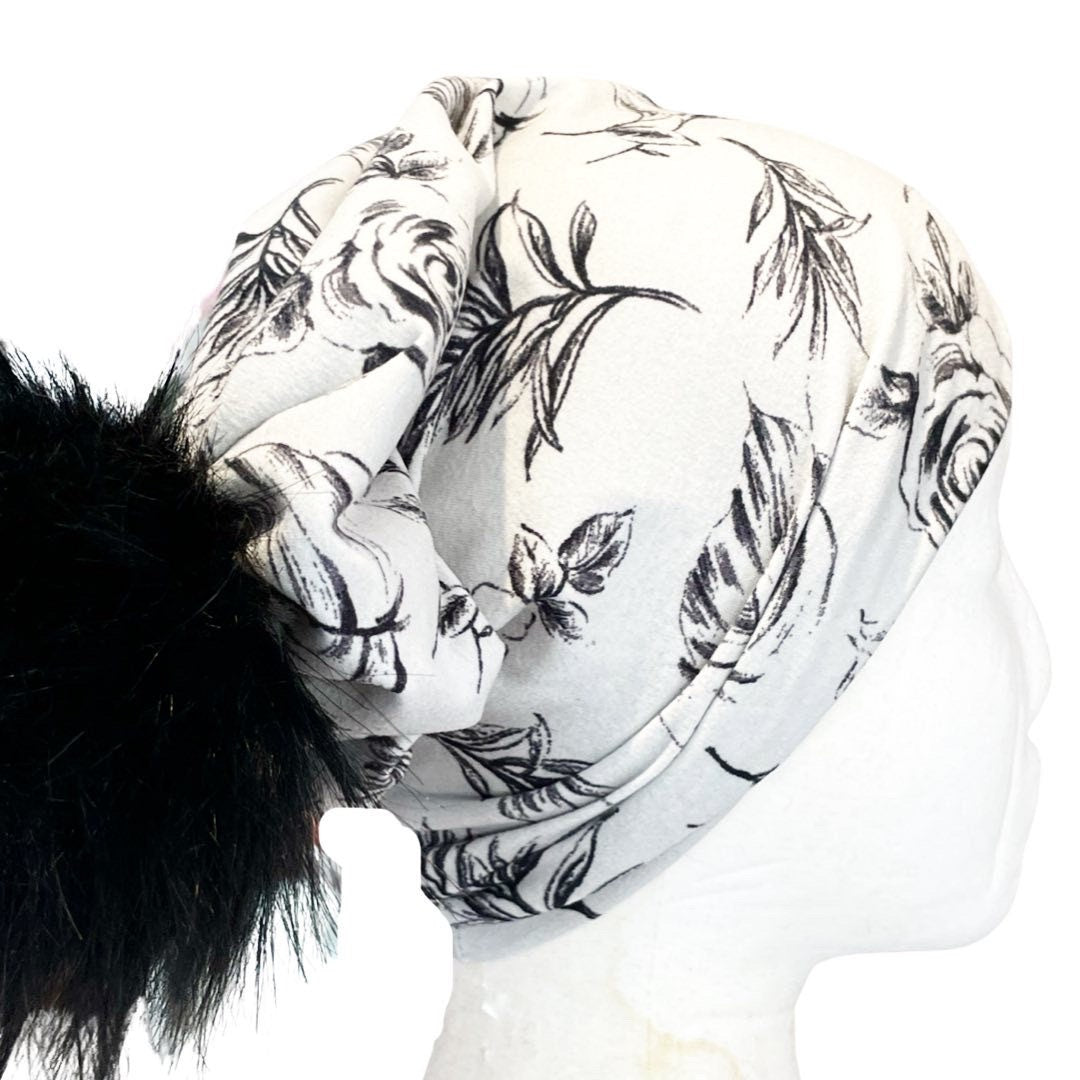 Floral Pom Pom Baby Hat – Soft Slouchy Beanie with Black Fur Pom, Toddler Girl Winter Hat