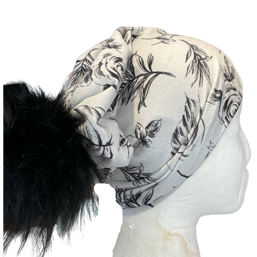 Floral Pom Pom Baby Hat – Soft Slouchy Beanie with Black Fur Pom, Toddler Girl Winter Hat