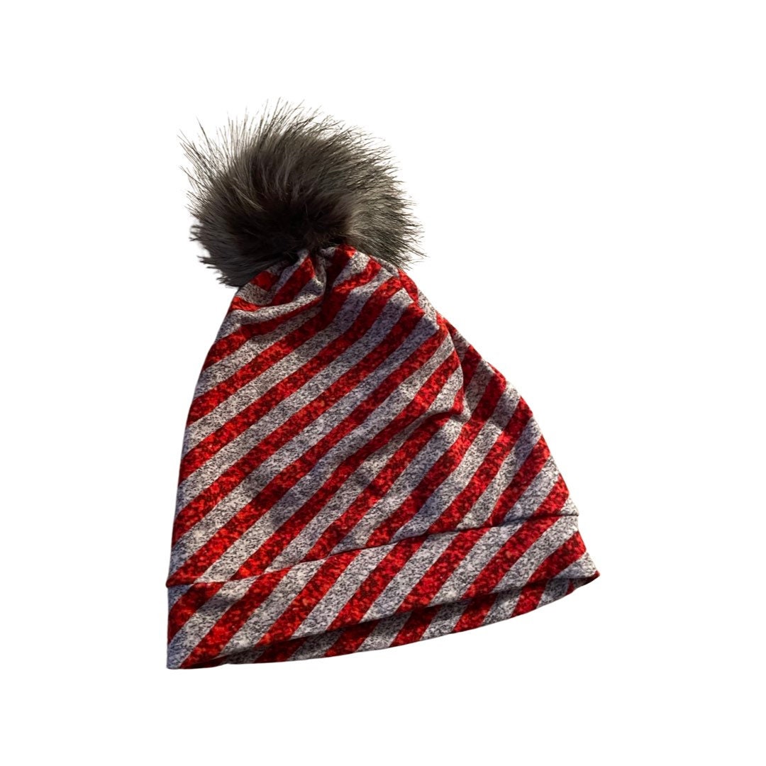 Mommy and Me Matching Hats Set – Red Stripe Pom Pom Beanie – Winter Hat