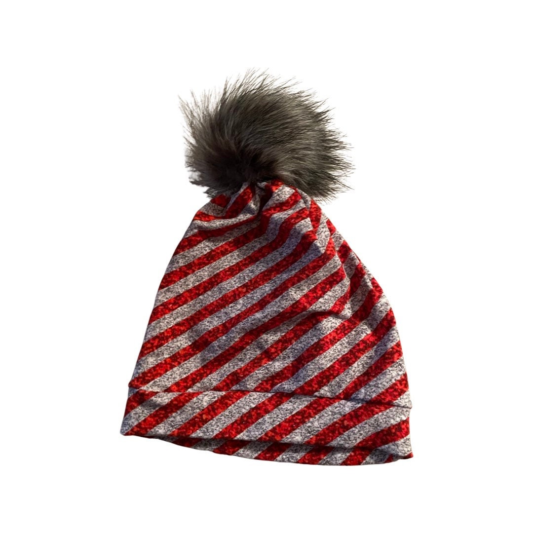 Mommy and Me Matching Hats Set – Red Stripe Pom Pom Beanie – Winter Hat