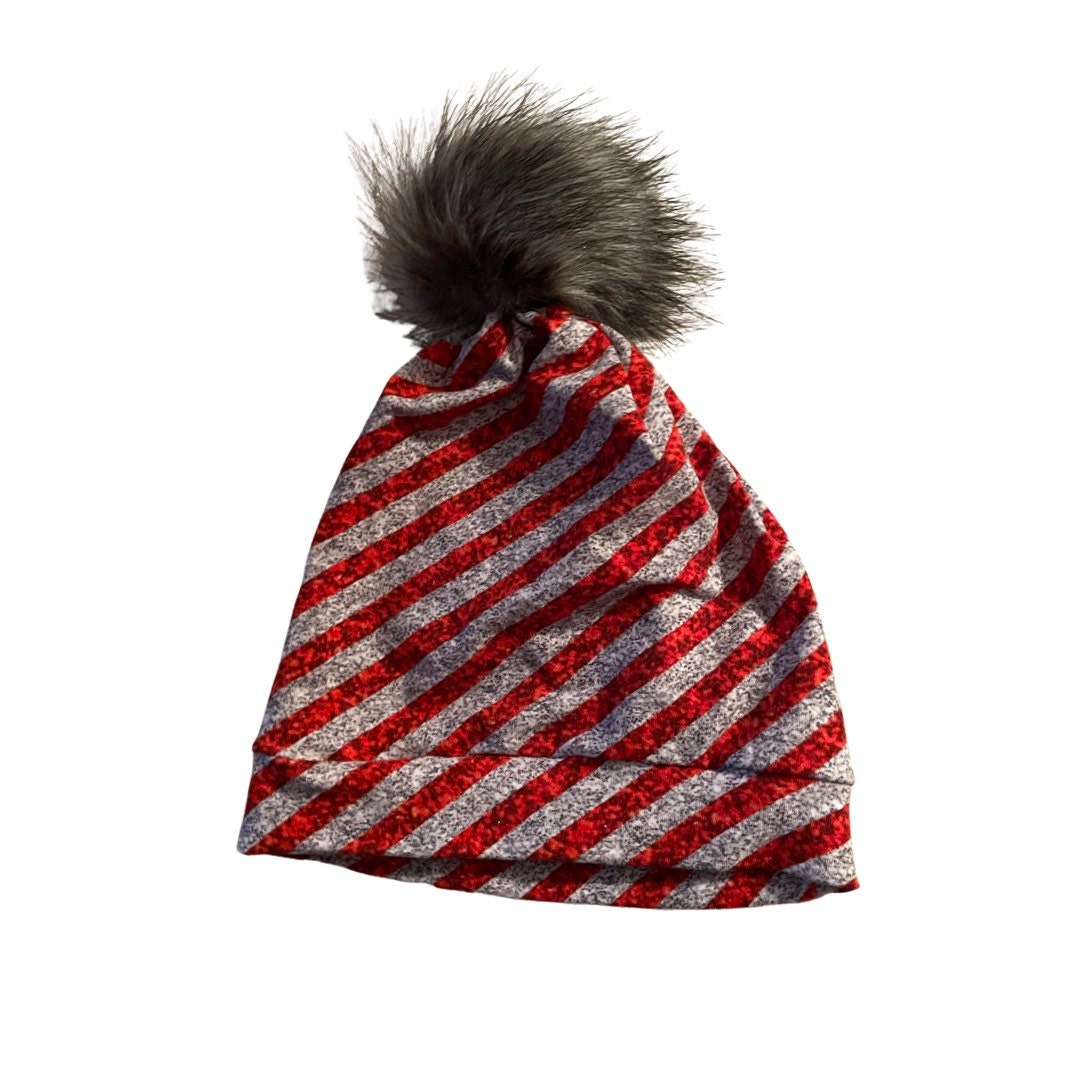Mommy and Me Matching Hats Set – Red Stripe Pom Pom Beanie – Winter Hat