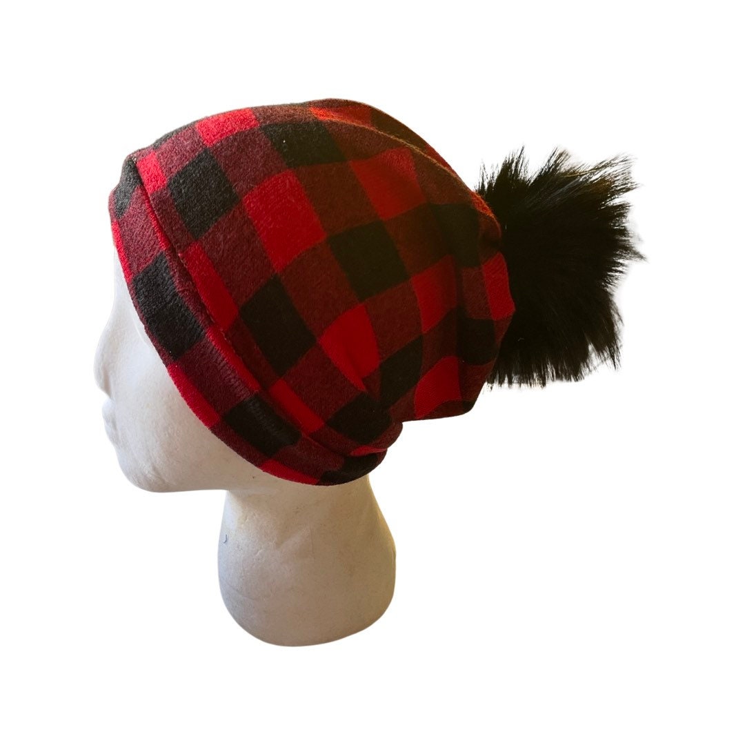Red Plaid Buffalo Hat, Newborn Buffalo Plaid Beanie, Cotton Lumberjack Plaid Hat, Wild One Buffalo Plaid, Baby Shower Gift, Pompom hat