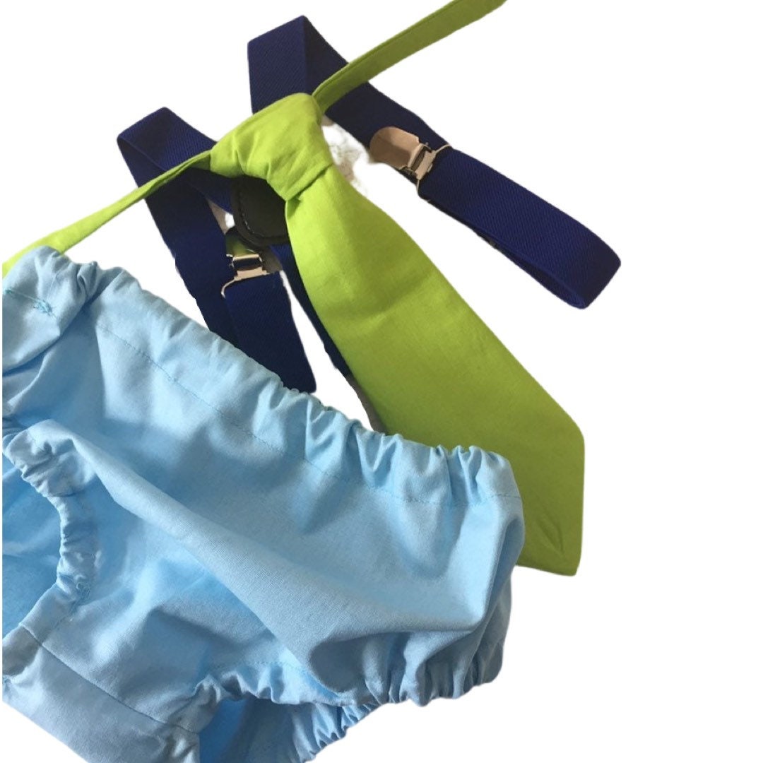 Boys First Birthday Outfit - Monster Party - Diaper Cover, Tie & bloomers - blue Suspenders - 1st Birthday - Cake Smash Outfit