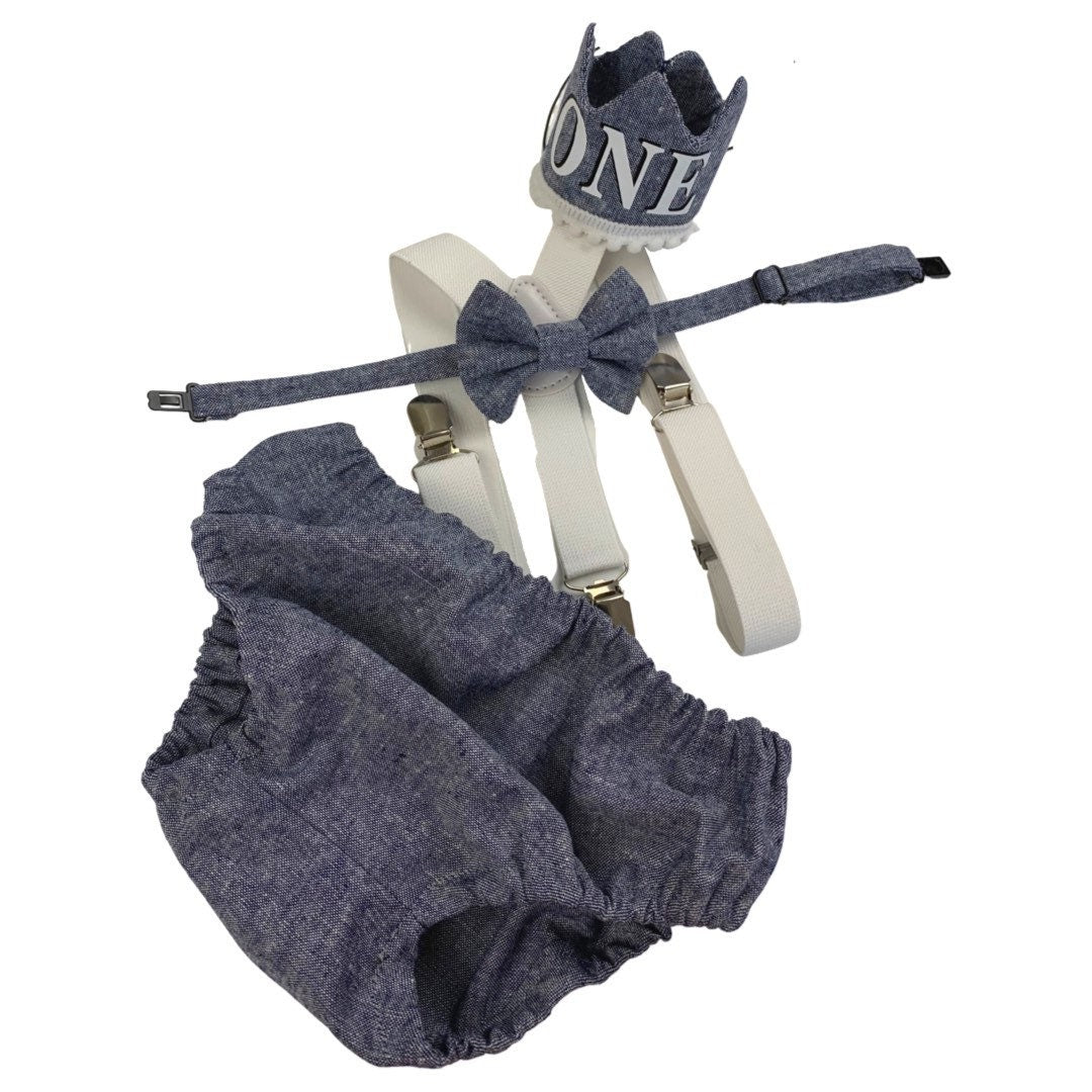 Light denim sitter set - baby boy photo prop - baby clothes - vintage style - first birthday crown - cake smash outfit