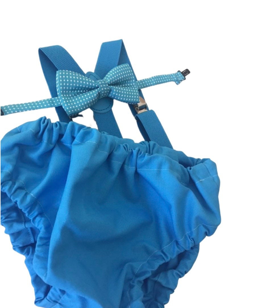 Cake Smash Boy Outfit, Blue Diaper Cover, Bow tie and Suspender, 1st Birthday Boy, Bowtie baby outfit, Bowtie birthday outfit