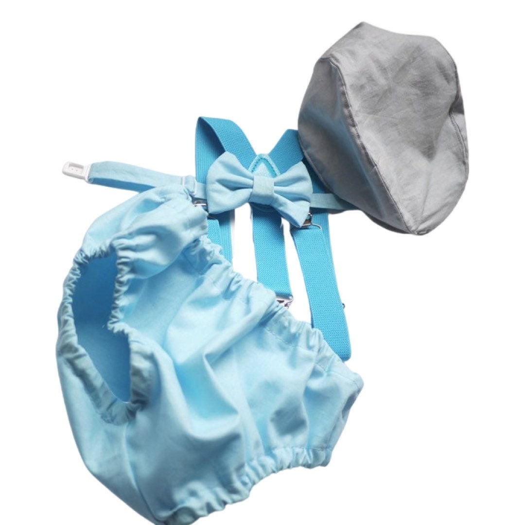 Gray Cake Smash Boy First Birthday super soft cotton dark gray Diaper Cover, light gray Suspenders, bow tie light gray color.