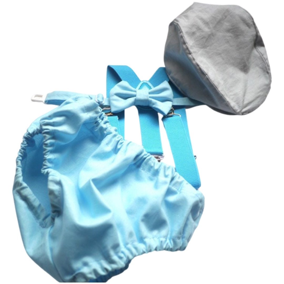 Gray Cake Smash Boy First Birthday super soft cotton dark gray Diaper Cover, light gray Suspenders, bow tie light gray color.