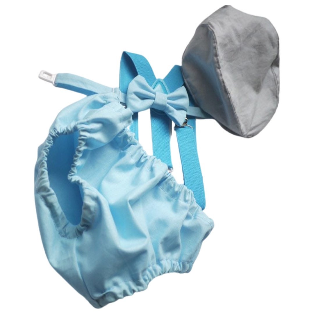 Gray Cake Smash Boy First Birthday super soft cotton dark gray Diaper Cover, light gray Suspenders, bow tie light gray color.