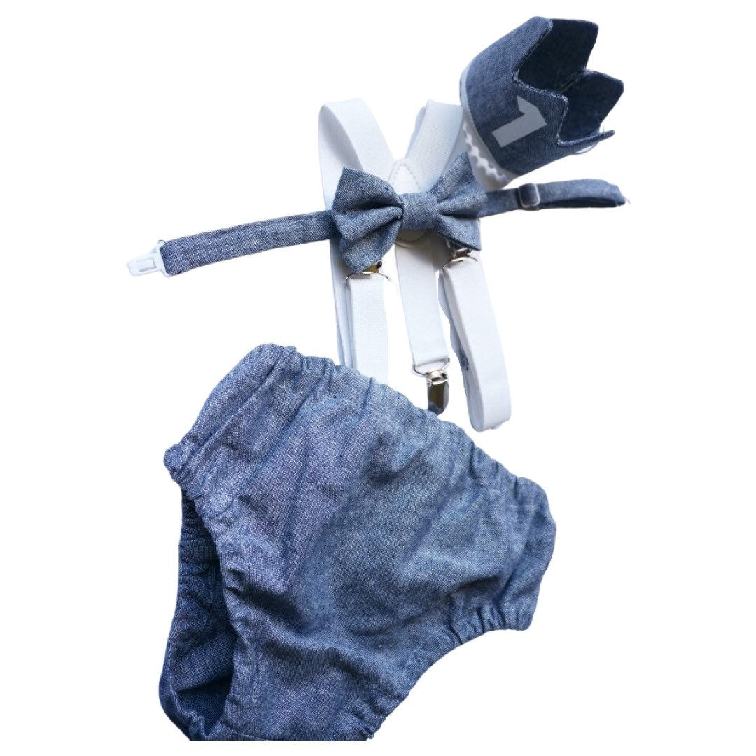 Light denim sitter set - baby boy photo prop - baby clothes - vintage style - birthday crown - cake smash outfit
