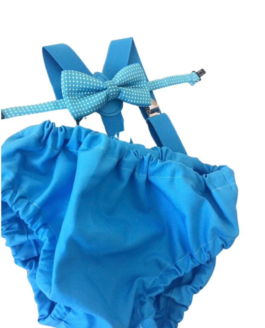 Cake Smash Boy Outfit, Blue Diaper Cover, Bow tie and Suspender, 1st Birthday Boy, Bowtie baby outfit, Bowtie birthday outfit