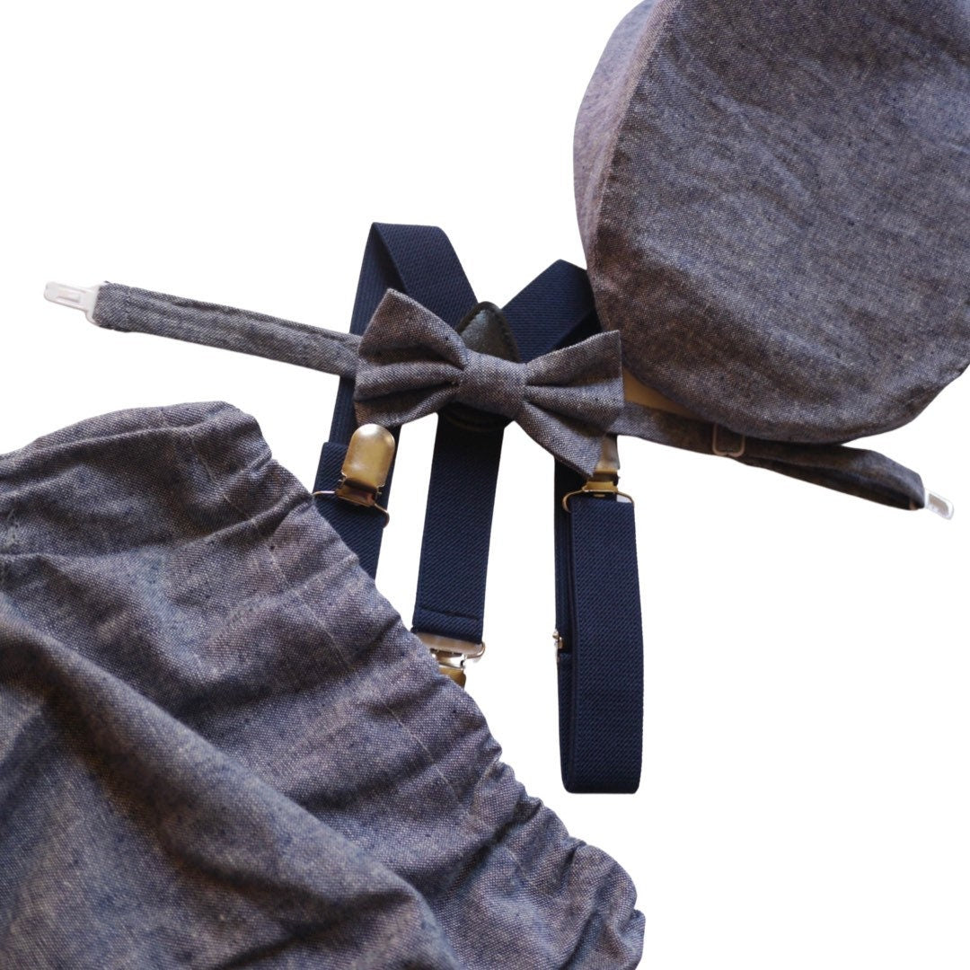 Light denim sitter set - baby boy photo prop - baby clothes - vintage style - flat cap - cake smash outfit
