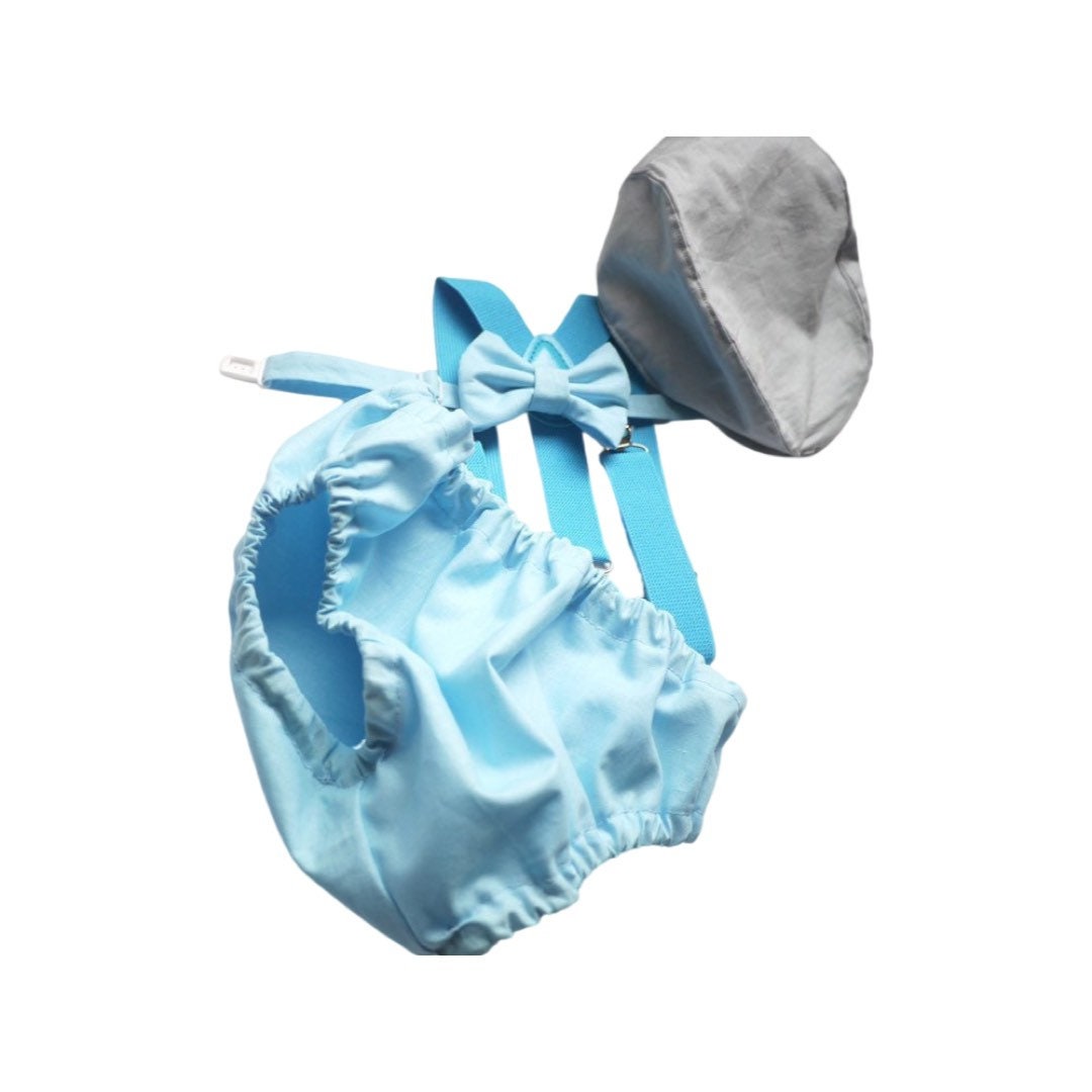 Gray Cake Smash Boy First Birthday super soft cotton dark gray Diaper Cover, light gray Suspenders, bow tie light gray color.