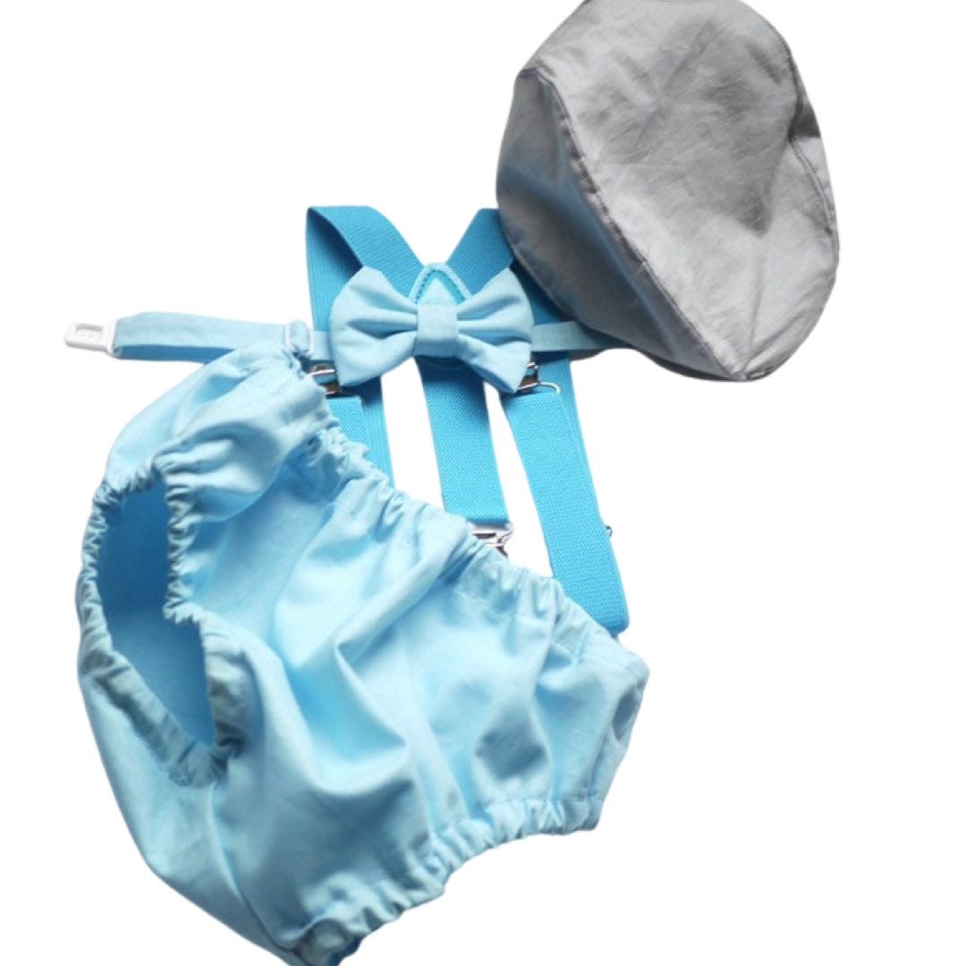 Gray Cake Smash Boy First Birthday super soft cotton dark gray Diaper Cover, light gray Suspenders, bow tie light gray color.