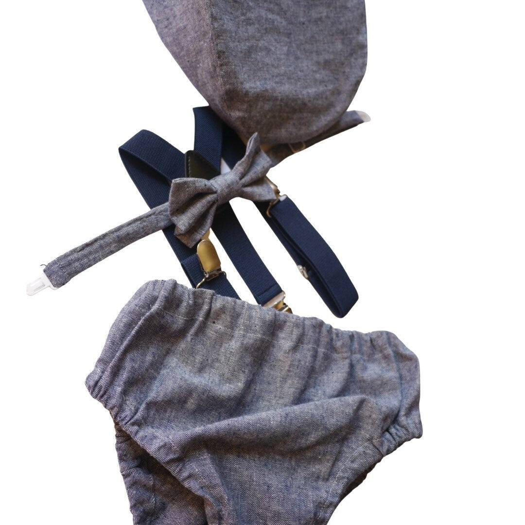 Light denim sitter set - baby boy photo prop - baby clothes - vintage style - flat cap - cake smash outfit