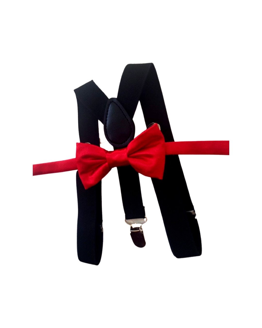 Red bow tie and black suspenders set, Christmas bowtie and suspenders, red satin boy's bow tie, toddler suspenders, kid's suspenders
