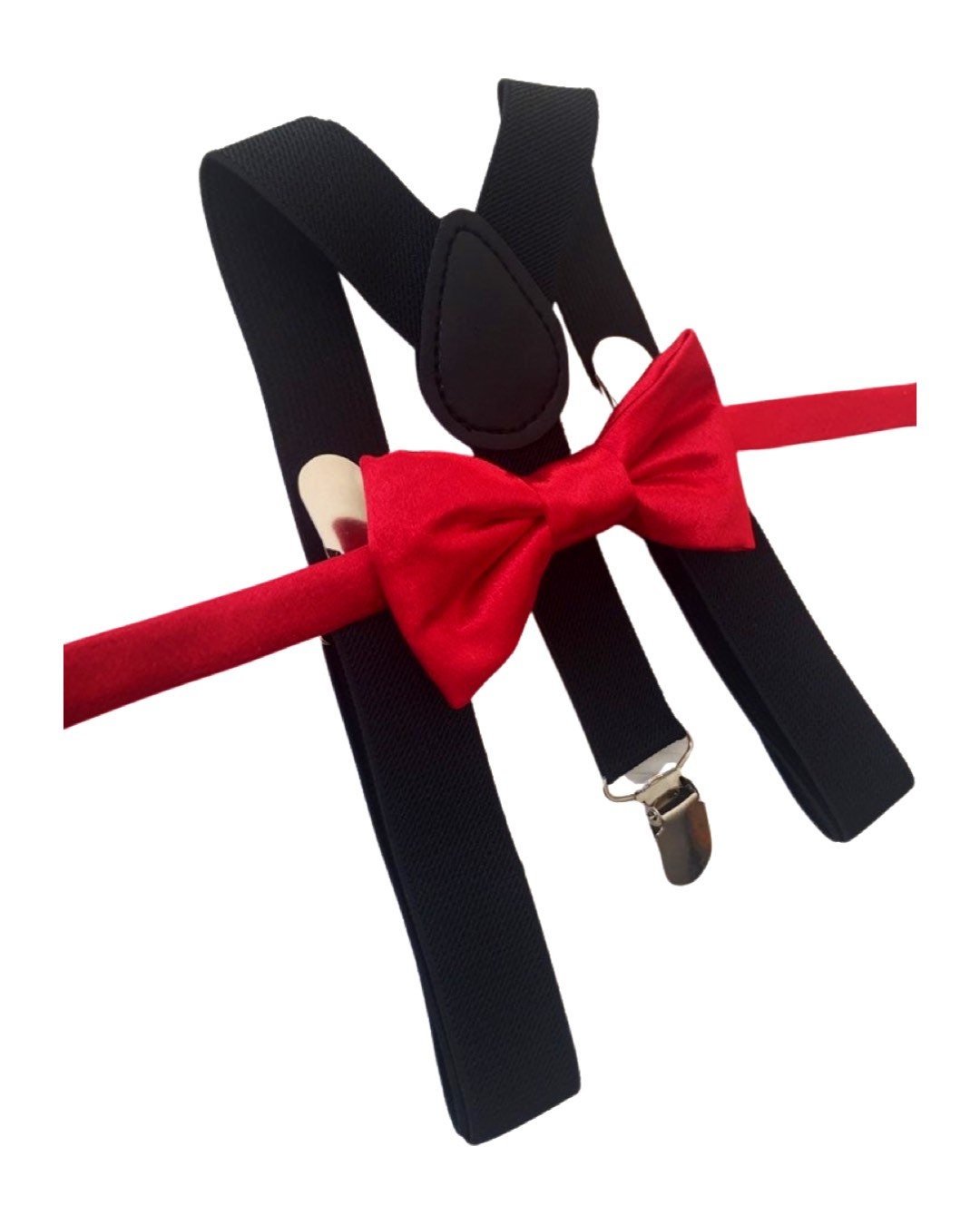 Red bow tie and black suspenders set, Christmas bowtie and suspenders, red satin boy's bow tie, toddler suspenders, kid's suspenders