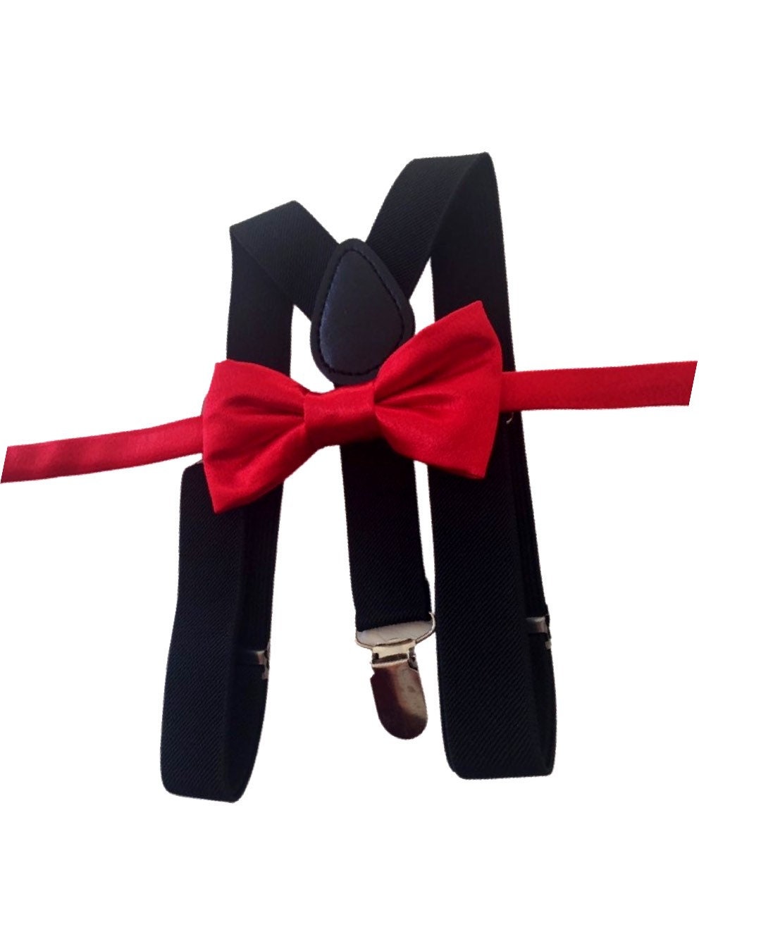 Red bow tie and black suspenders set, Christmas bowtie and suspenders, red satin boy's bow tie, toddler suspenders, kid's suspenders
