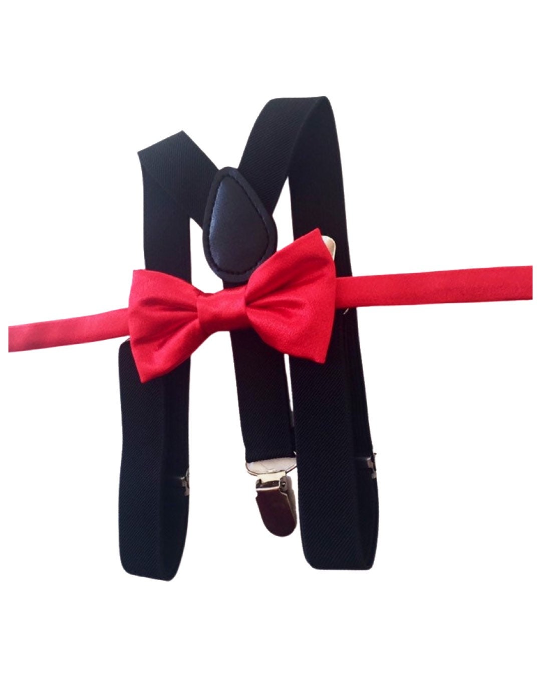 Red bow tie and black suspenders set, Christmas bowtie and suspenders, red satin boy's bow tie, toddler suspenders, kid's suspenders