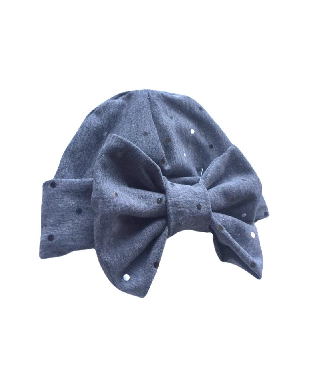Grey Sparkle Baby Turban Hat with Bow – Newborn Girl Headwrap, Soft Stretch Infant Beanie, Baby Shower Gift