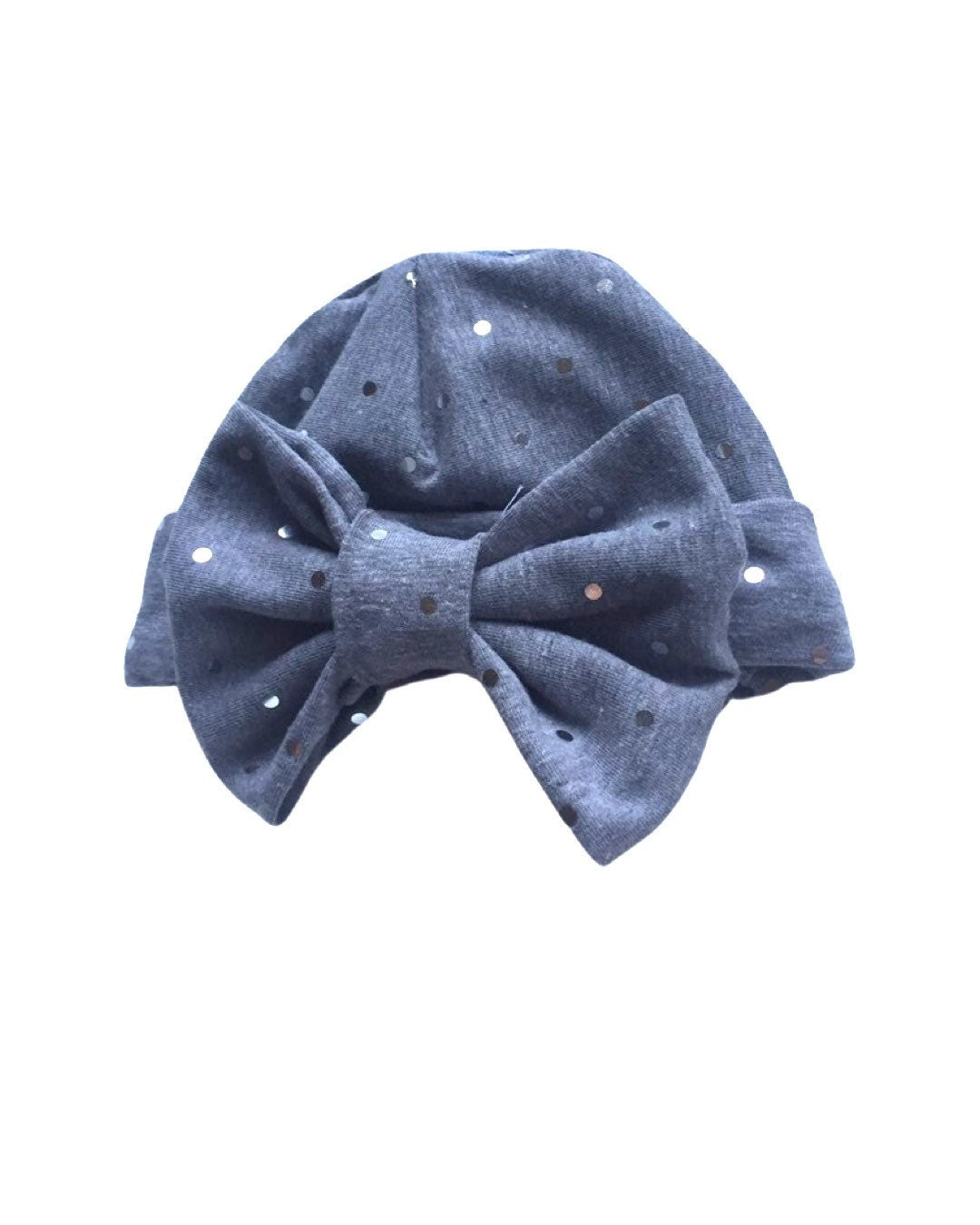 Grey Sparkle Baby Turban Hat with Bow – Newborn Girl Headwrap, Soft Stretch Infant Beanie, Baby Shower Gift