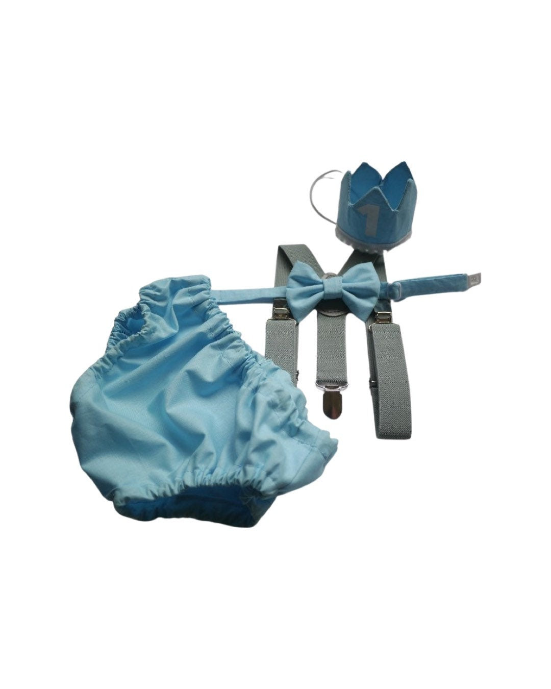 Cake Smash Outfit Gray Blue — Boys First Birthday Outfit Gray Blue — Baby Blue Bow Tie & Baby Blue Diaper Cover with Gray Suspenders