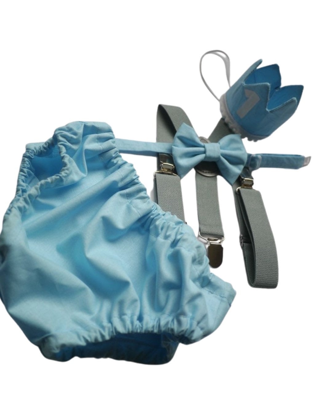 Cake Smash Outfit Gray Blue — Boys First Birthday Outfit Gray Blue — Baby Blue Bow Tie & Baby Blue Diaper Cover with Gray Suspenders