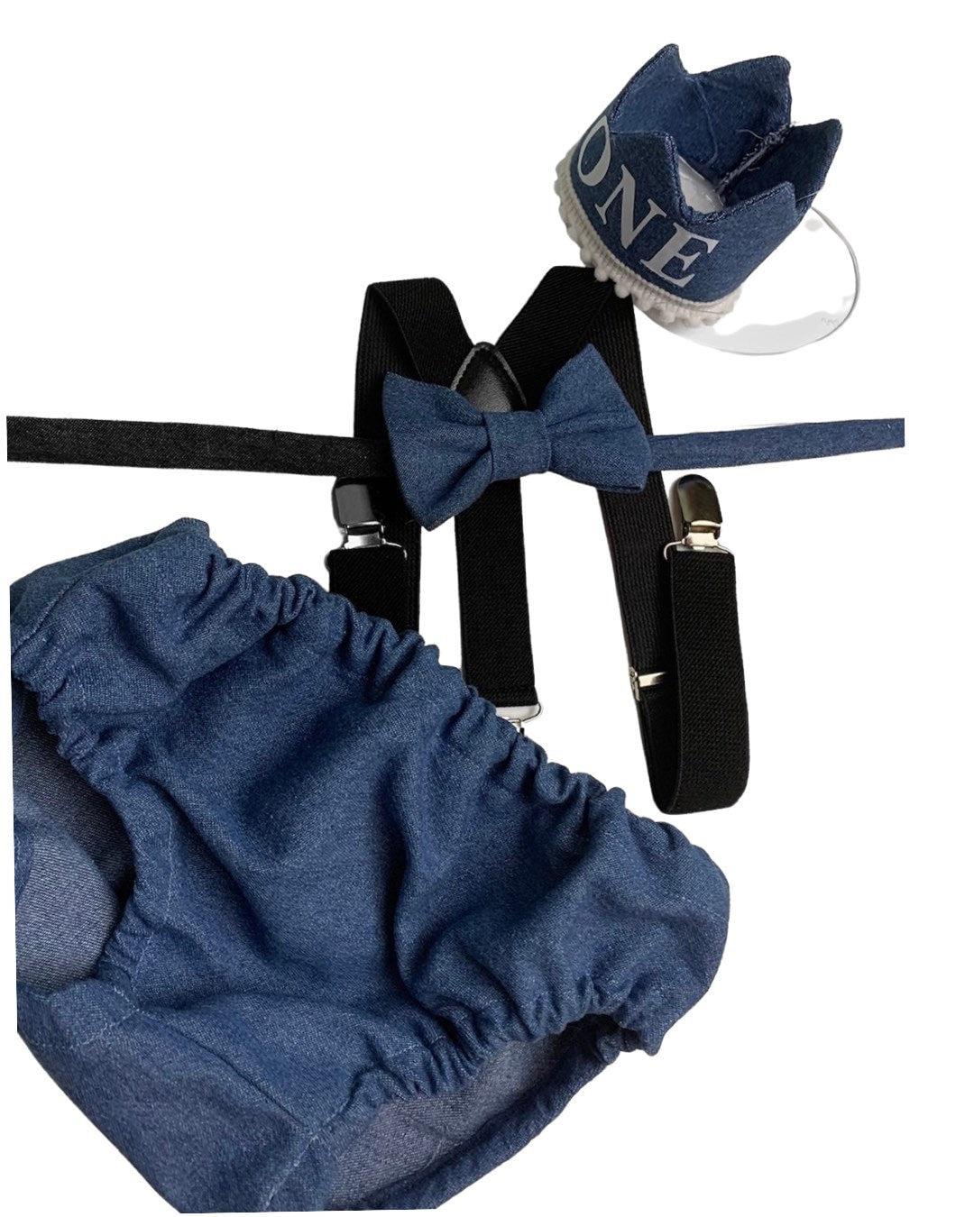 Light denim sitter set - baby boy photo prop - baby clothes - vintage style - first birthday crown - cake smash outfit