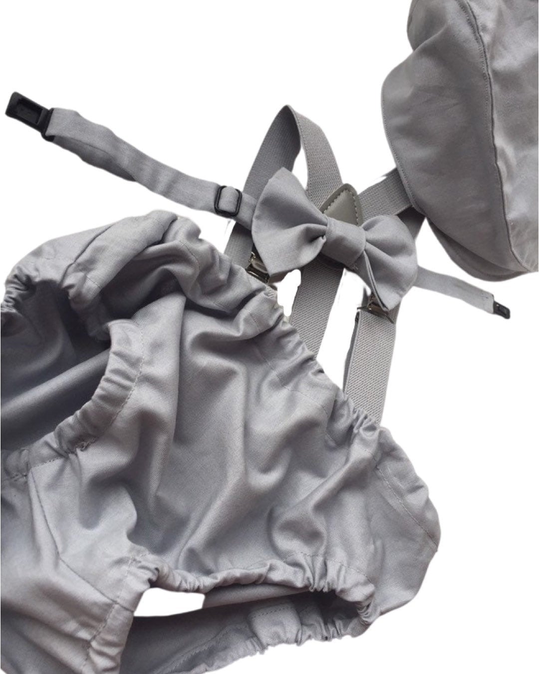 Gray Cake Smash Boy First Birthday super soft cotton dark gray Diaper Cover, light gray Suspenders, bow tie light gray color.