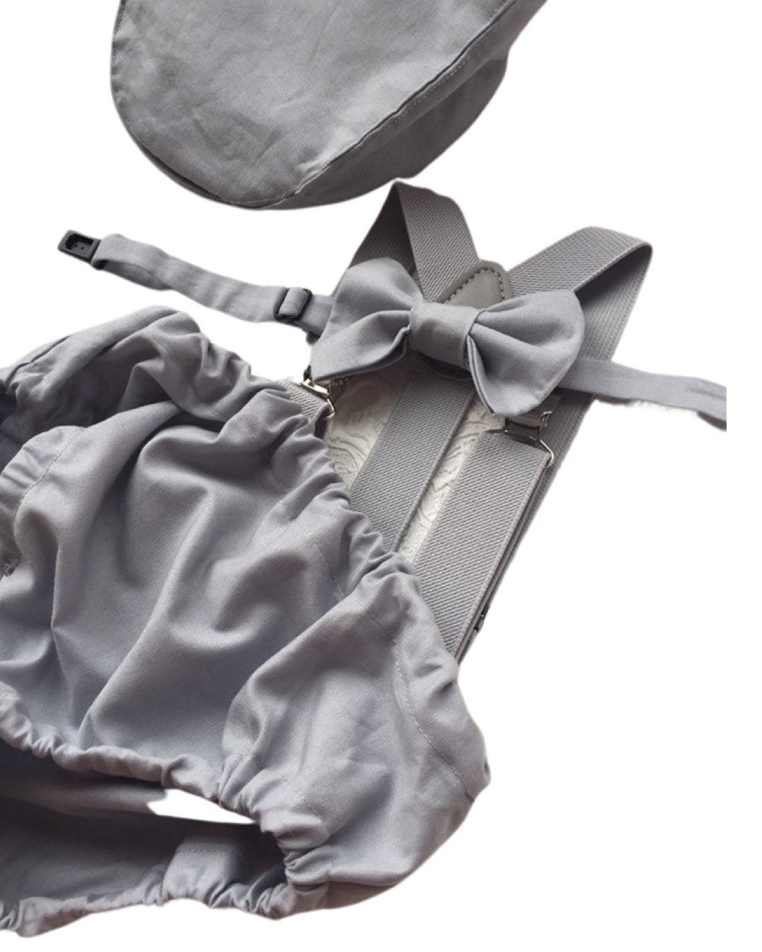 Gray Cake Smash Boy First Birthday super soft cotton dark gray Diaper Cover, light gray Suspenders, bow tie light gray color.