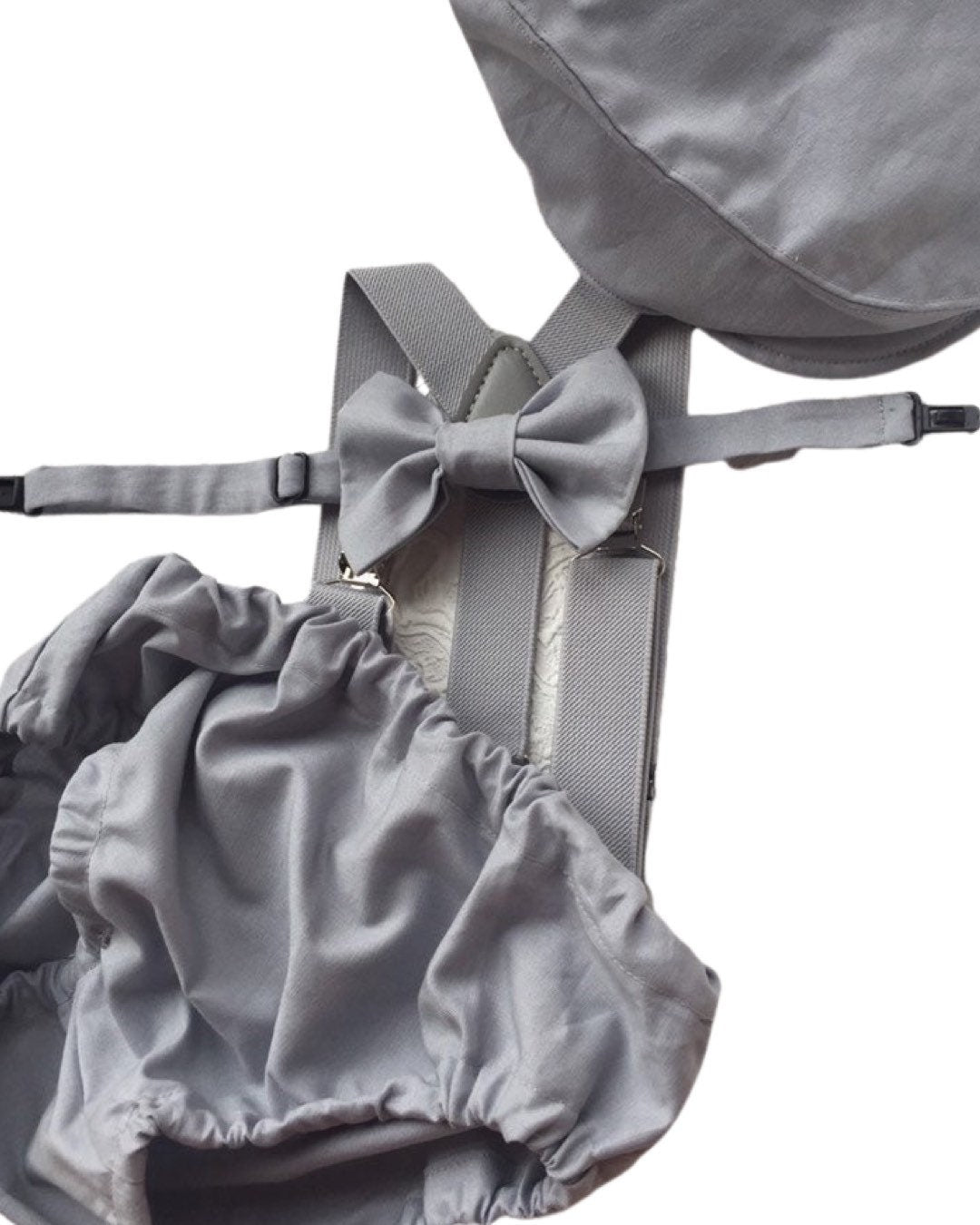 Gray Cake Smash Boy First Birthday super soft cotton dark gray Diaper Cover, light gray Suspenders, bow tie light gray color.