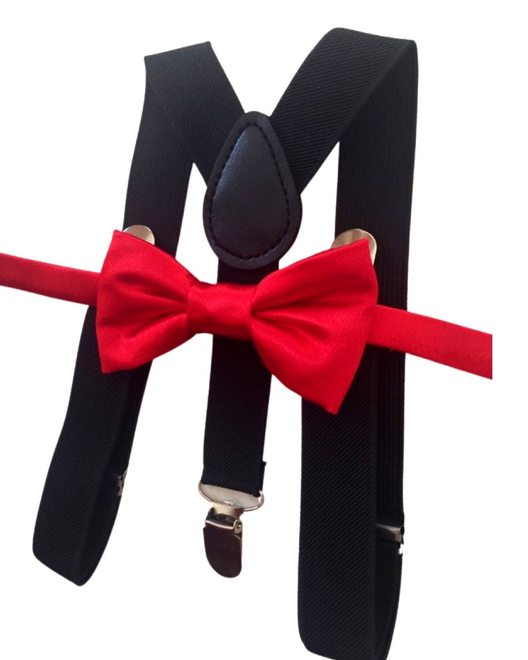 Red bow tie and black suspenders set, Christmas bowtie and suspenders, red satin boy's bow tie, toddler suspenders, kid's suspenders