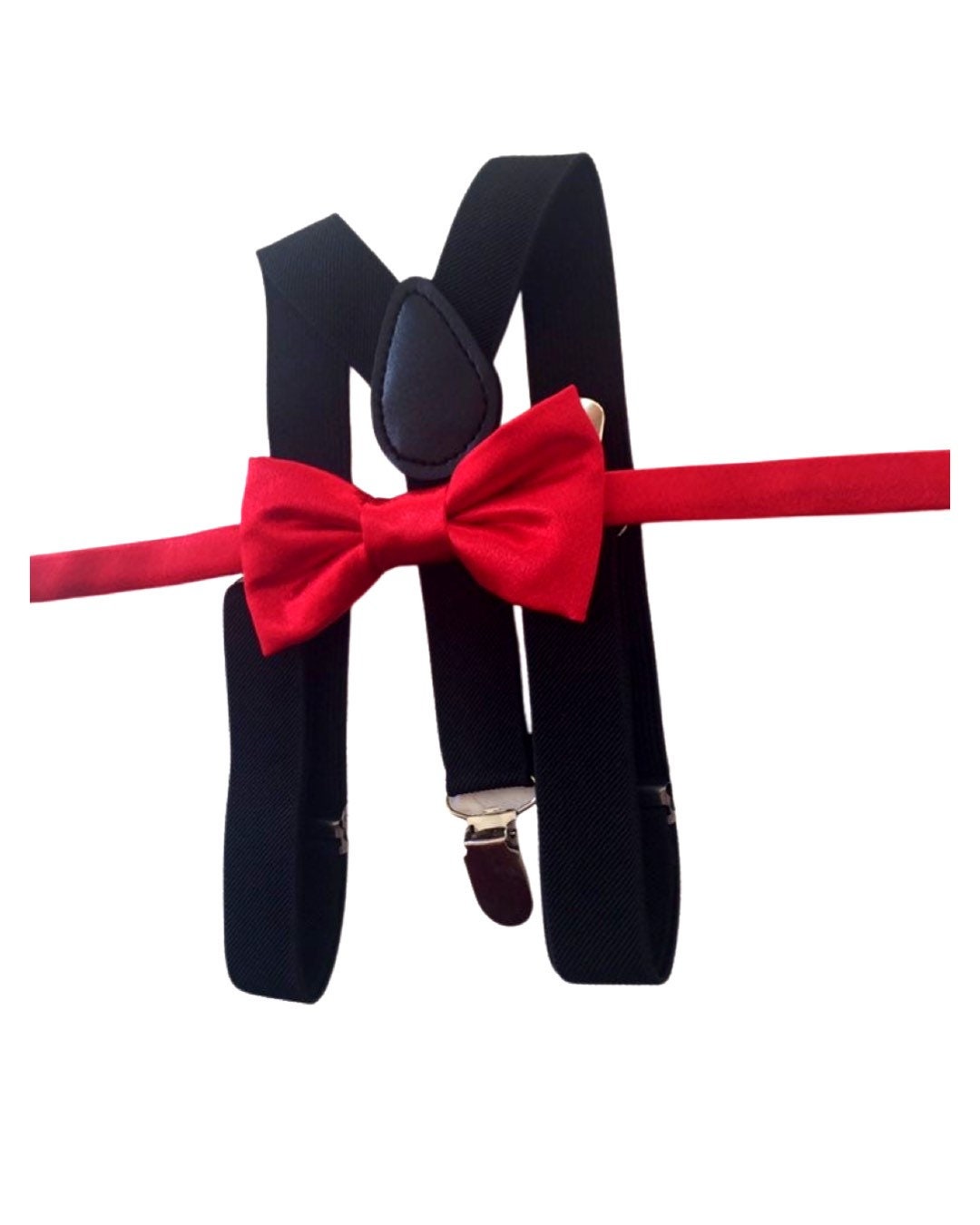 Red bow tie and black suspenders set, Christmas bowtie and suspenders, red satin boy's bow tie, toddler suspenders, kid's suspenders