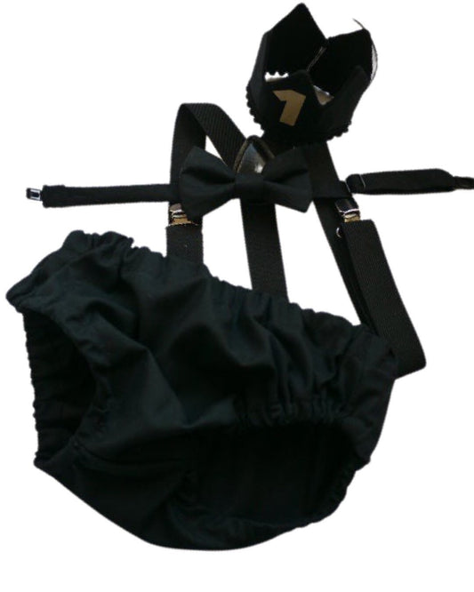 Cake Smash Boy First Birthday super soft black cotton Diaper Cover,black Suspenders,black bow tie, Birthday Photoshoot
