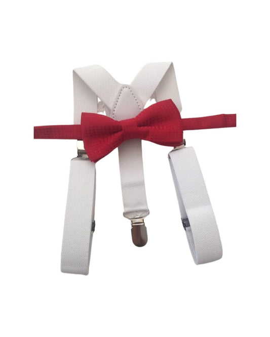 Bow Tie and Suspender Set, white Suspenders, boy Suspenders, baby Suspender Bow Tie, David's Bridal Apple Red suspenders, Apple Red bow tie