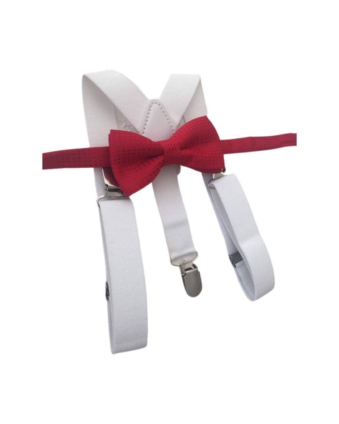 Bow Tie and Suspender Set, white Suspenders, boy Suspenders, baby Suspender Bow Tie, David's Bridal Apple Red suspenders, Apple Red bow tie