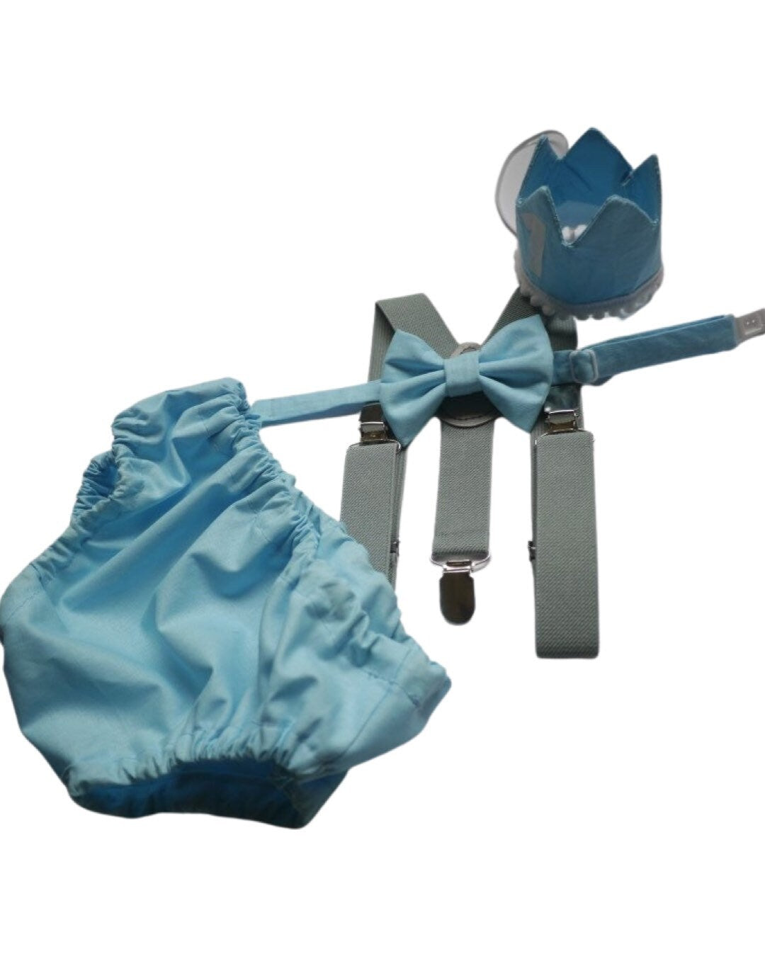 Cake Smash Outfit Gray Blue — Boys First Birthday Outfit Gray Blue — Baby Blue Bow Tie & Baby Blue Diaper Cover with Gray Suspenders