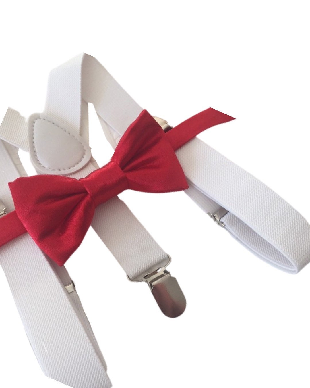 Bow Tie and Suspender Set, white Suspenders, boy Suspenders, baby Suspender Bow Tie, David's Bridal Apple Red suspenders, Apple Red bow tie