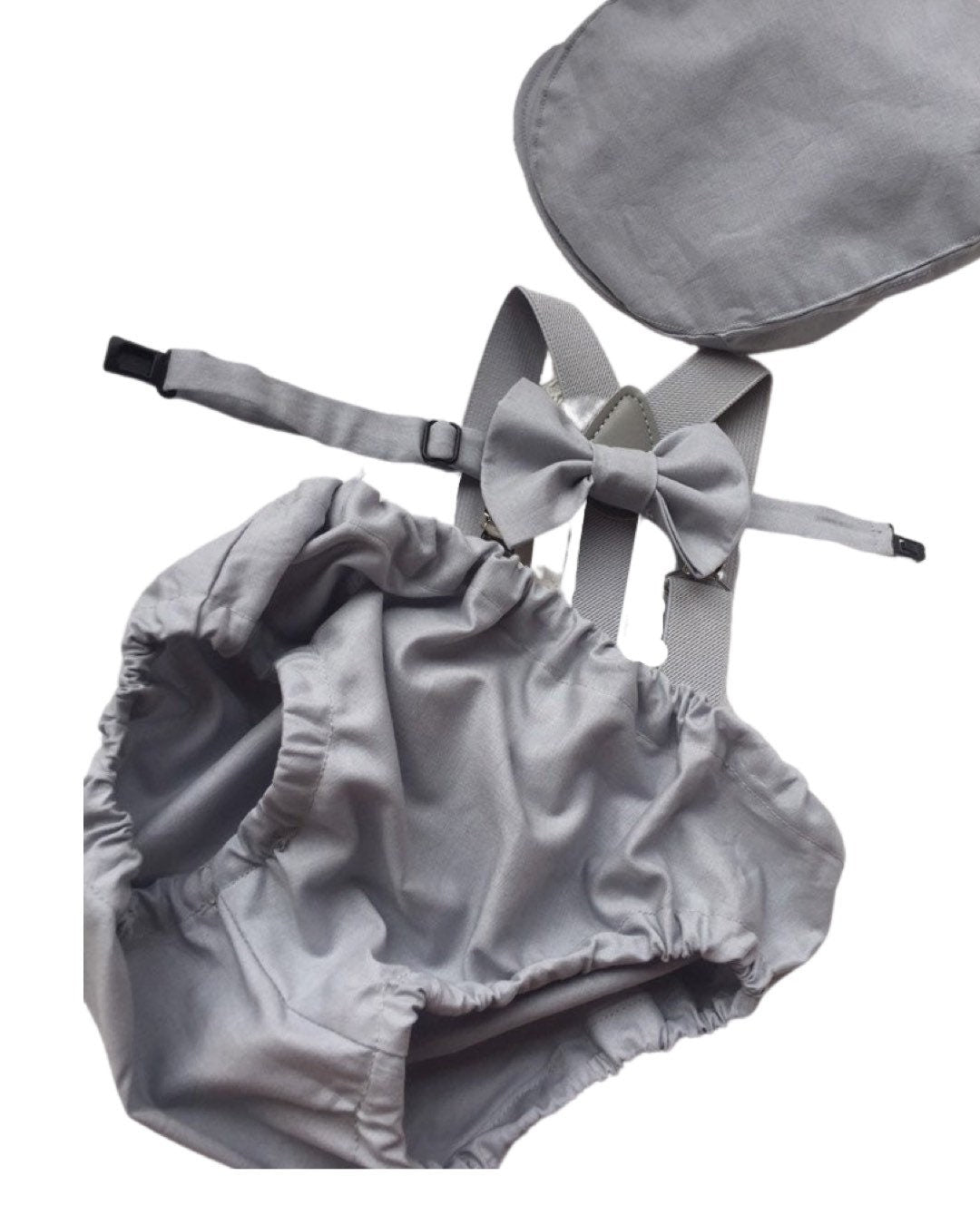 Gray Cake Smash Boy First Birthday super soft cotton dark gray Diaper Cover, light gray Suspenders, bow tie light gray color.