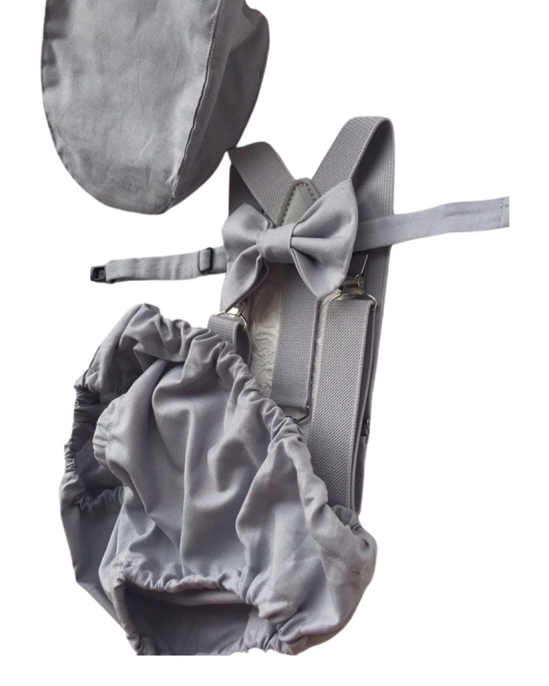 Gray Cake Smash Boy First Birthday super soft cotton dark gray Diaper Cover, light gray Suspenders, bow tie light gray color.