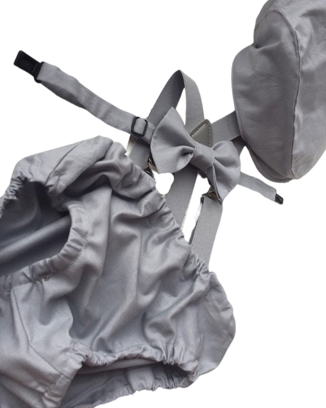 Gray Cake Smash Boy First Birthday super soft cotton dark gray Diaper Cover, light gray Suspenders, bow tie light gray color.