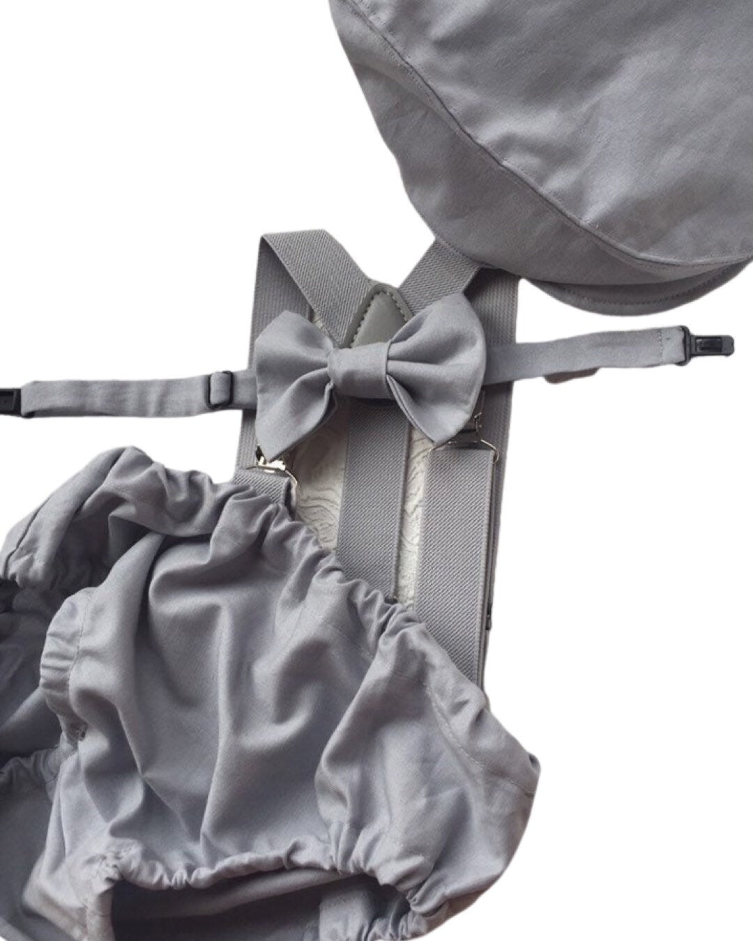 Gray Cake Smash Boy First Birthday super soft cotton dark gray Diaper Cover, light gray Suspenders, bow tie light gray color.
