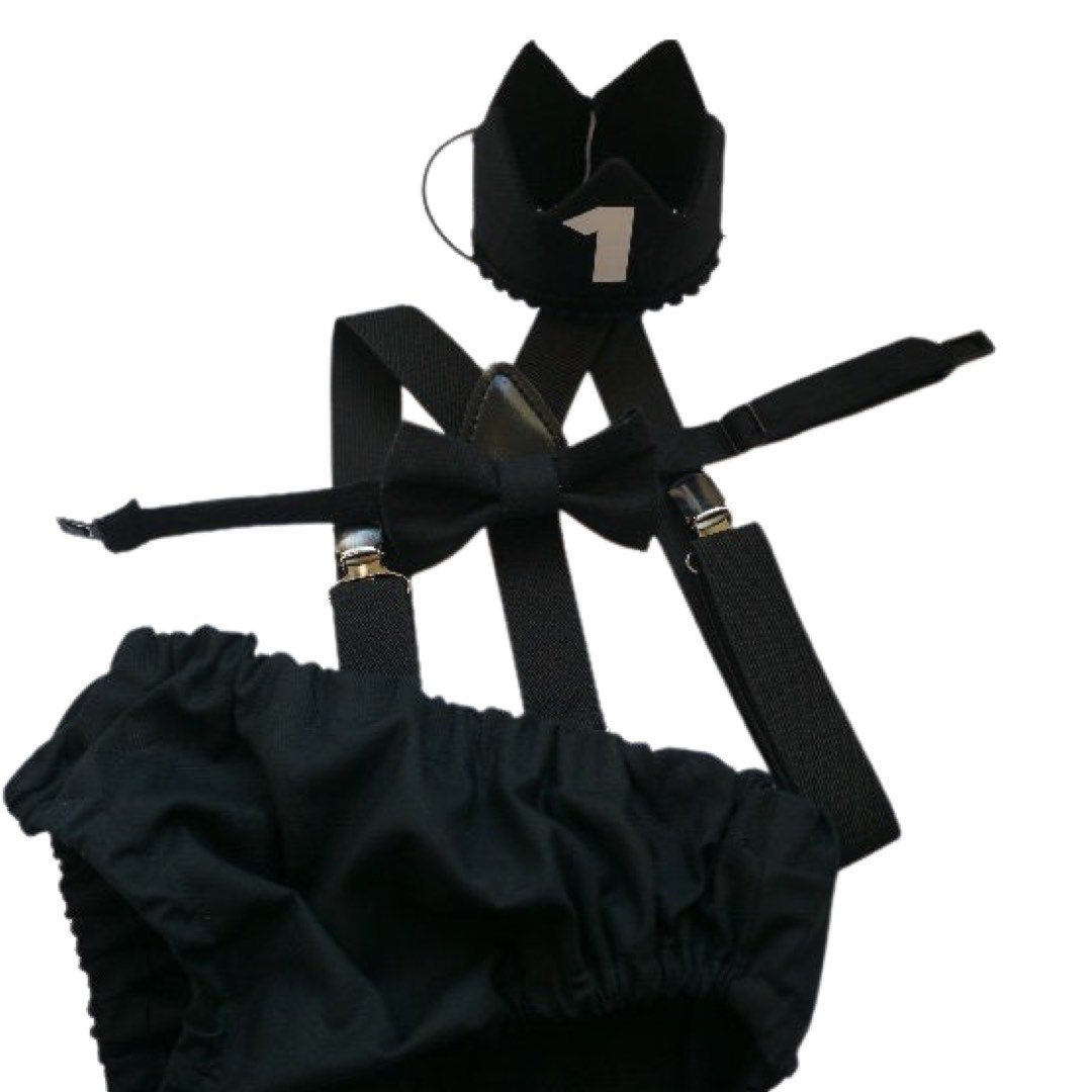 Cake Smash Boy First Birthday super soft black cotton Diaper Cover,black Suspenders,black bow tie, Birthday Photoshoot