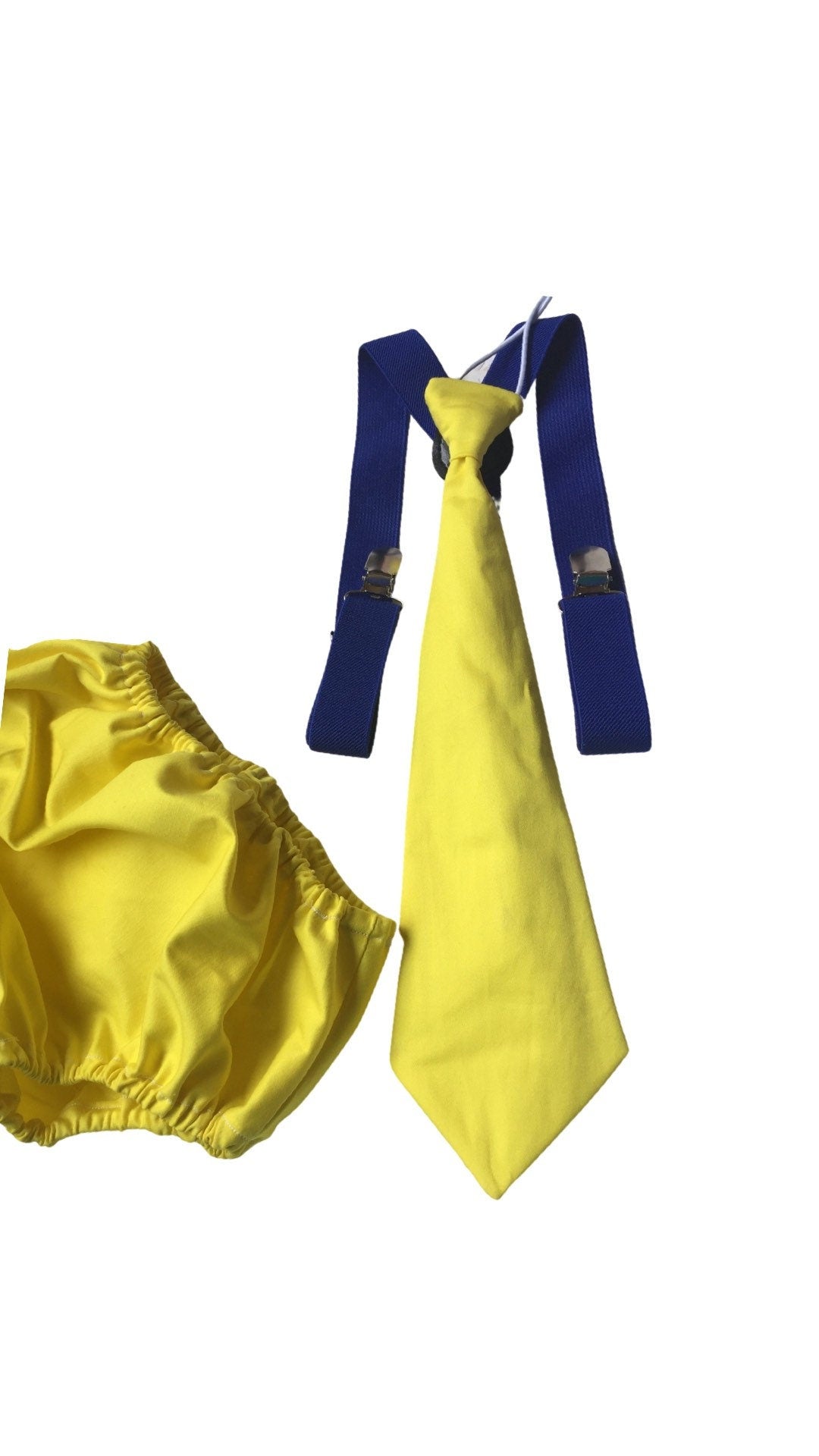 1st Birthday boy cake smash diaper cover tie Suspenders Blue yellow bloomers tie, baby tie, first birthday outfit, bloomers set