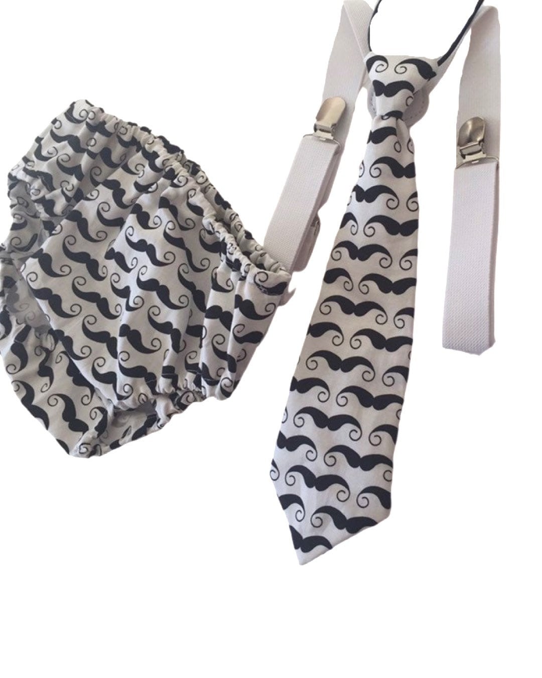 Black & White Moustache 3 Piece Cake Smash Outfit - First Birthday Set Mr Onederful Cake Smash Boy Outfit, Black Diaper Cover, suspenders