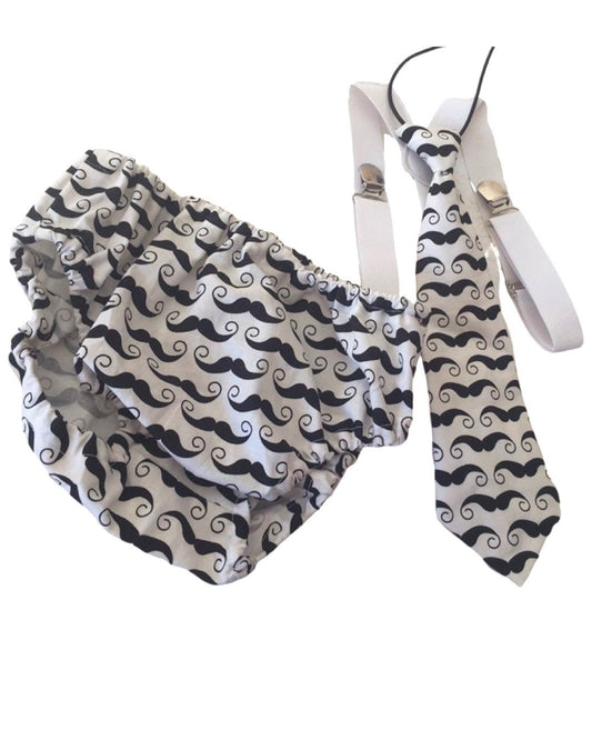Black & White Moustache 3 Piece Cake Smash Outfit - First Birthday Set Mr Onederful Cake Smash Boy Outfit, Black Diaper Cover, suspenders