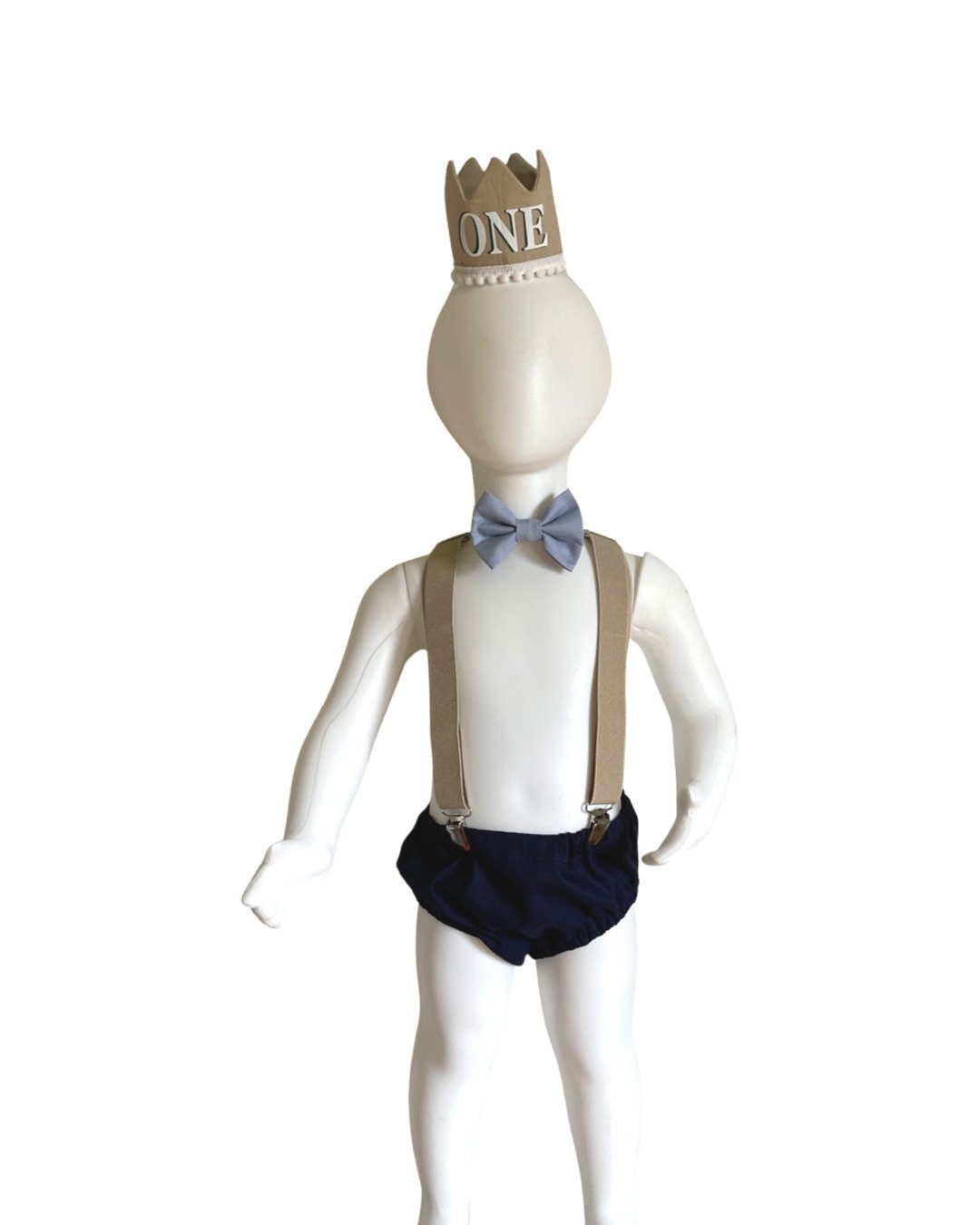 Navy Smash Cake Outfit Boy First Birthday super soft navy cotton Diaper Cover, beige Suspenders and blue bow tie 1st Birthday Photoshoot